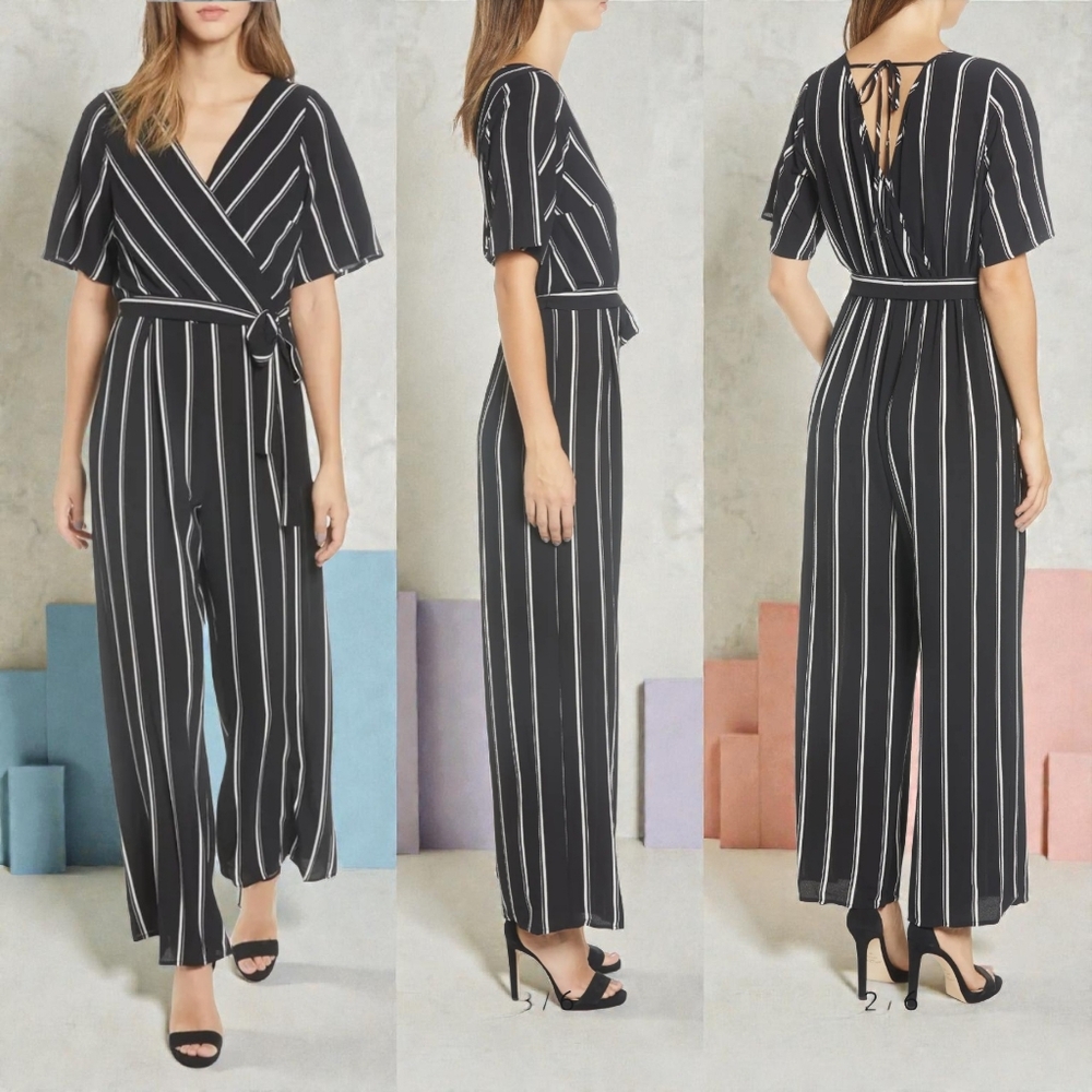 Urban Heritage Women's Black & White Striped High Waist Wide Leg Jumpsuit